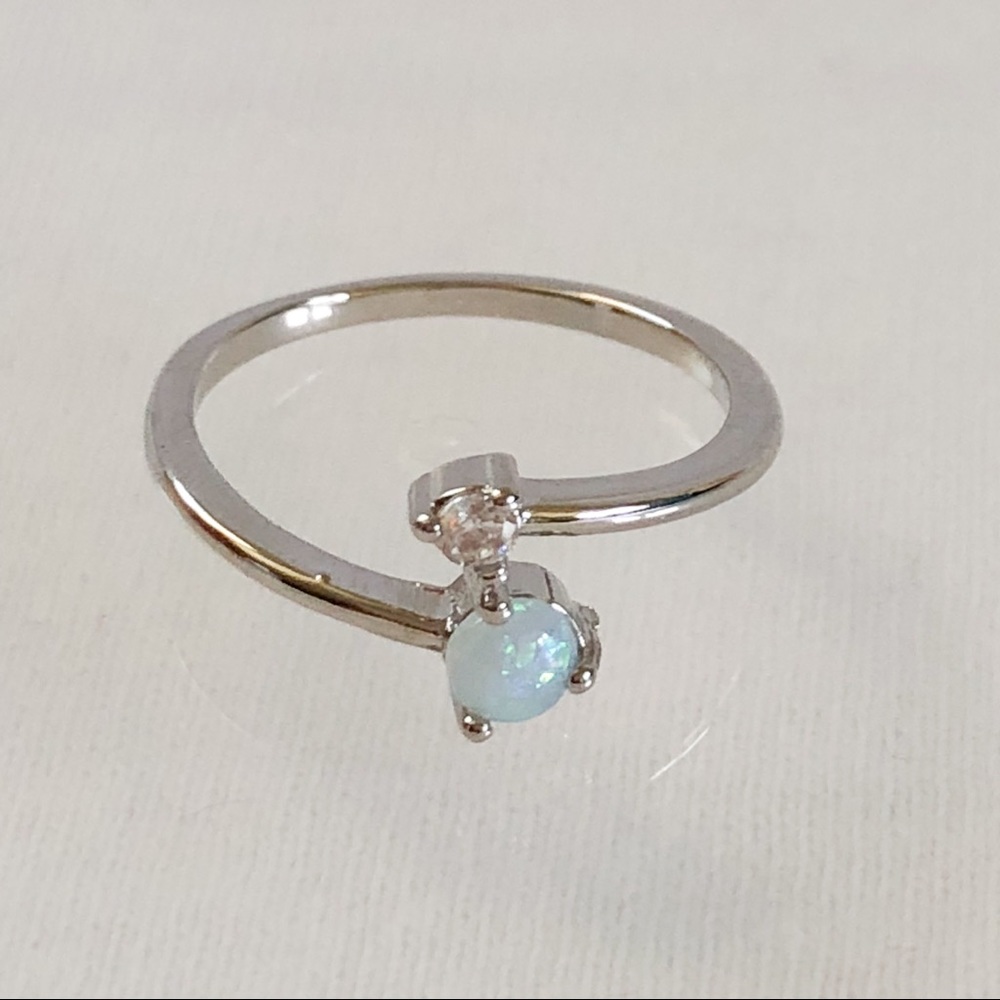 Silver Plated White Fire Opal & CZ Ring